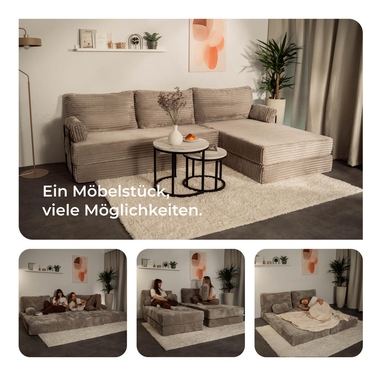 ECKSOFA ANKO modulares Boneless Sofa mit Schlaffunktion Rosa Kordstoff - Rosa, Textil (270/160cm) - MASSENO
