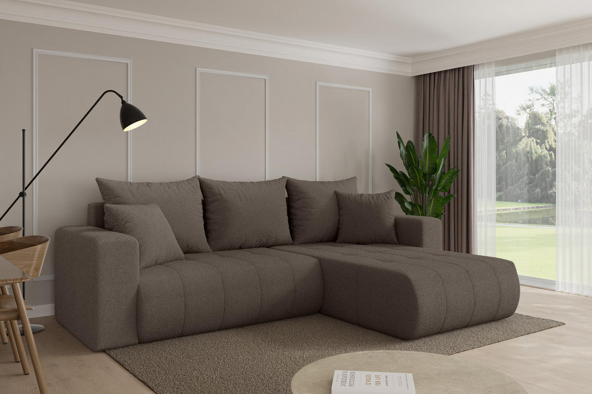 ROHOVÁ SEDAČKA s funkcí spaní, otoman vpravo MILA-L 277x194x86 hnědá bouclé - černá/hnědá, kompozitní dřevo/textil (277/194cm) - ALTDECOR