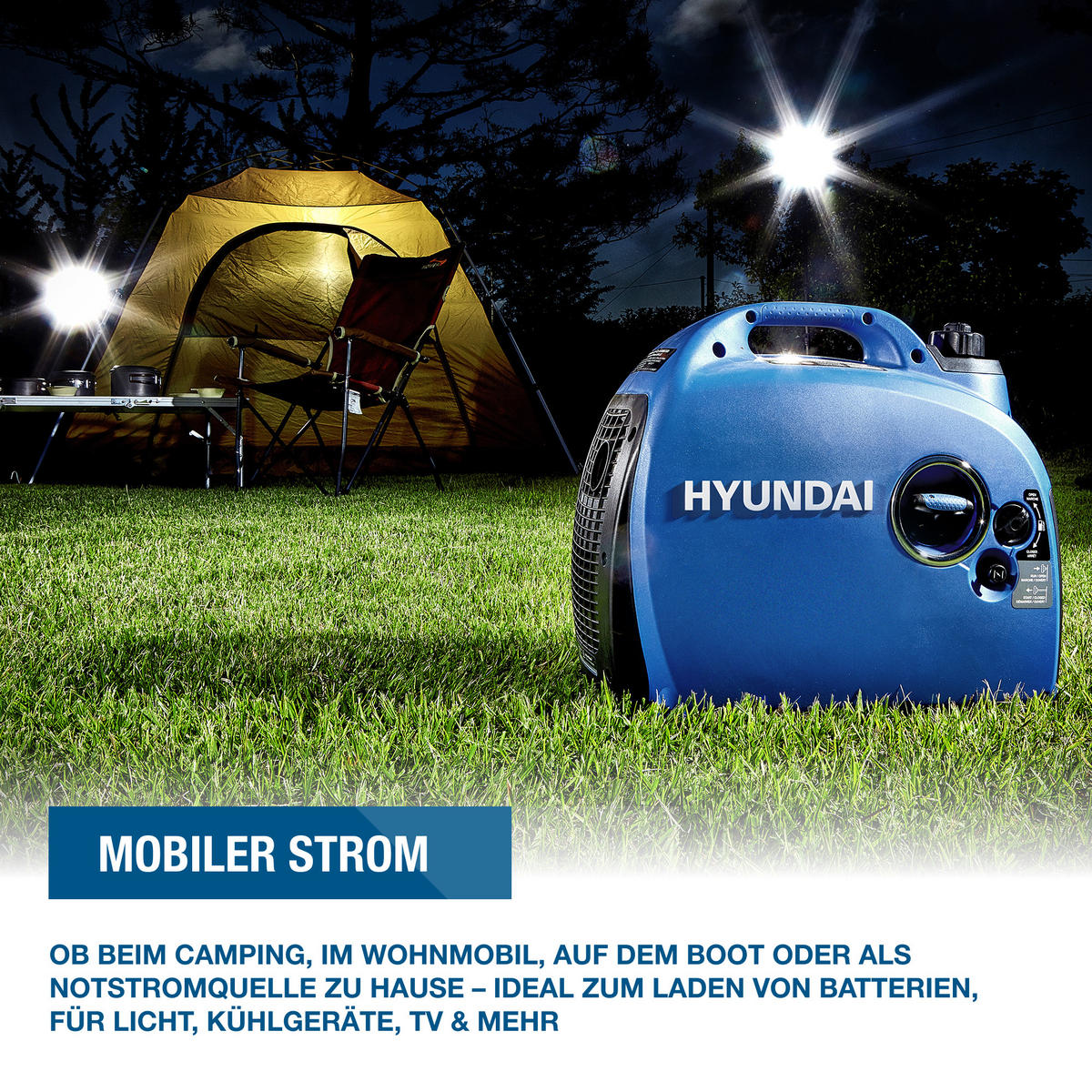 INVERTER-GENERATOR HY2300Si D (2.2 kW, tragbar, 2 x 230V + 1 x 12V, 1 x USB) - Blau, Metall (52/28/45cm) - HYUNDAI
