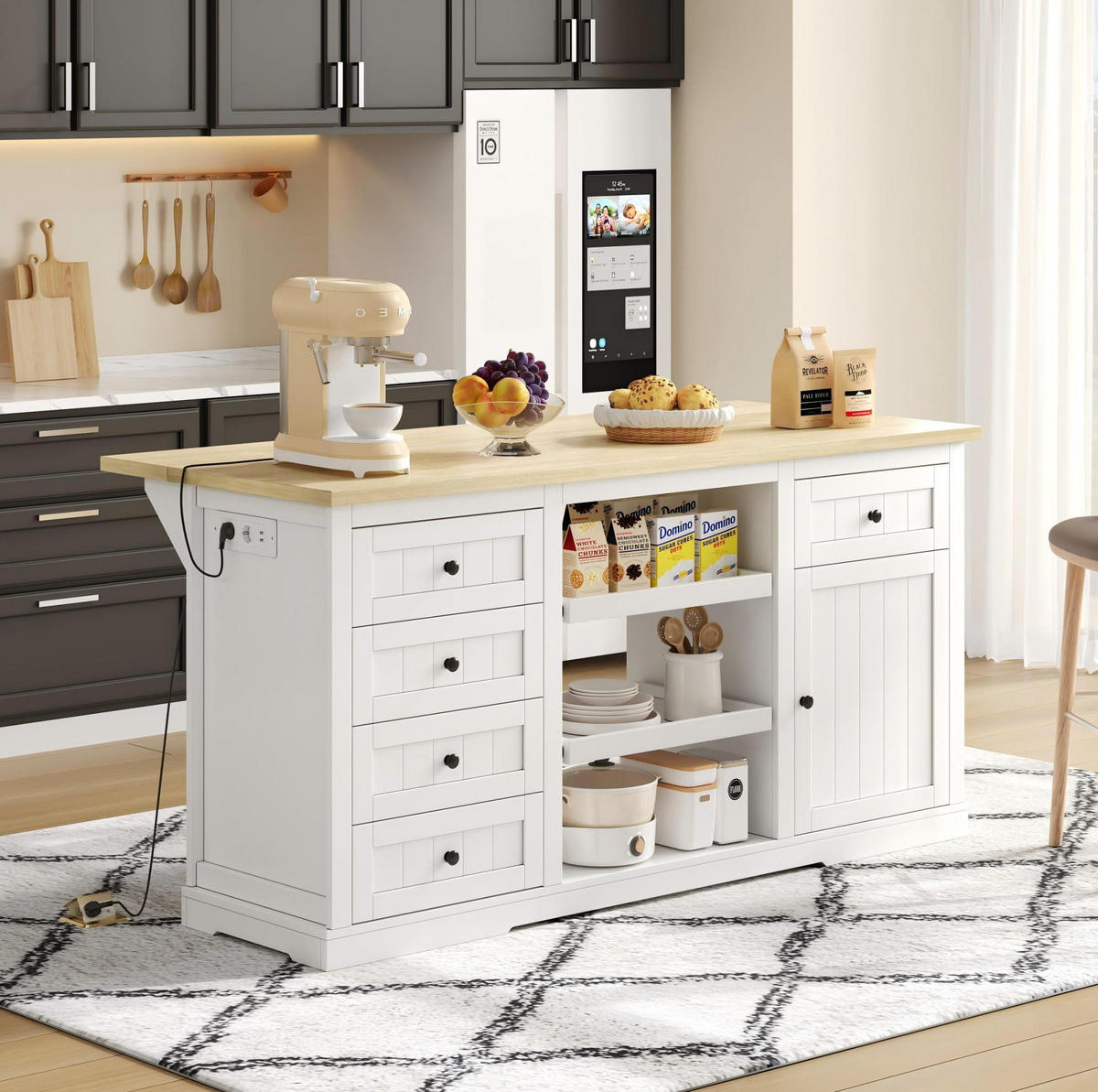 BUFFET 150/75,5/65 cm Natur/Weiß aus MDF mit klappbarer Erweiterungsplatte - Naturfarben, Holzwerkstoff (65/75.5/150cm) - OKMYHOME