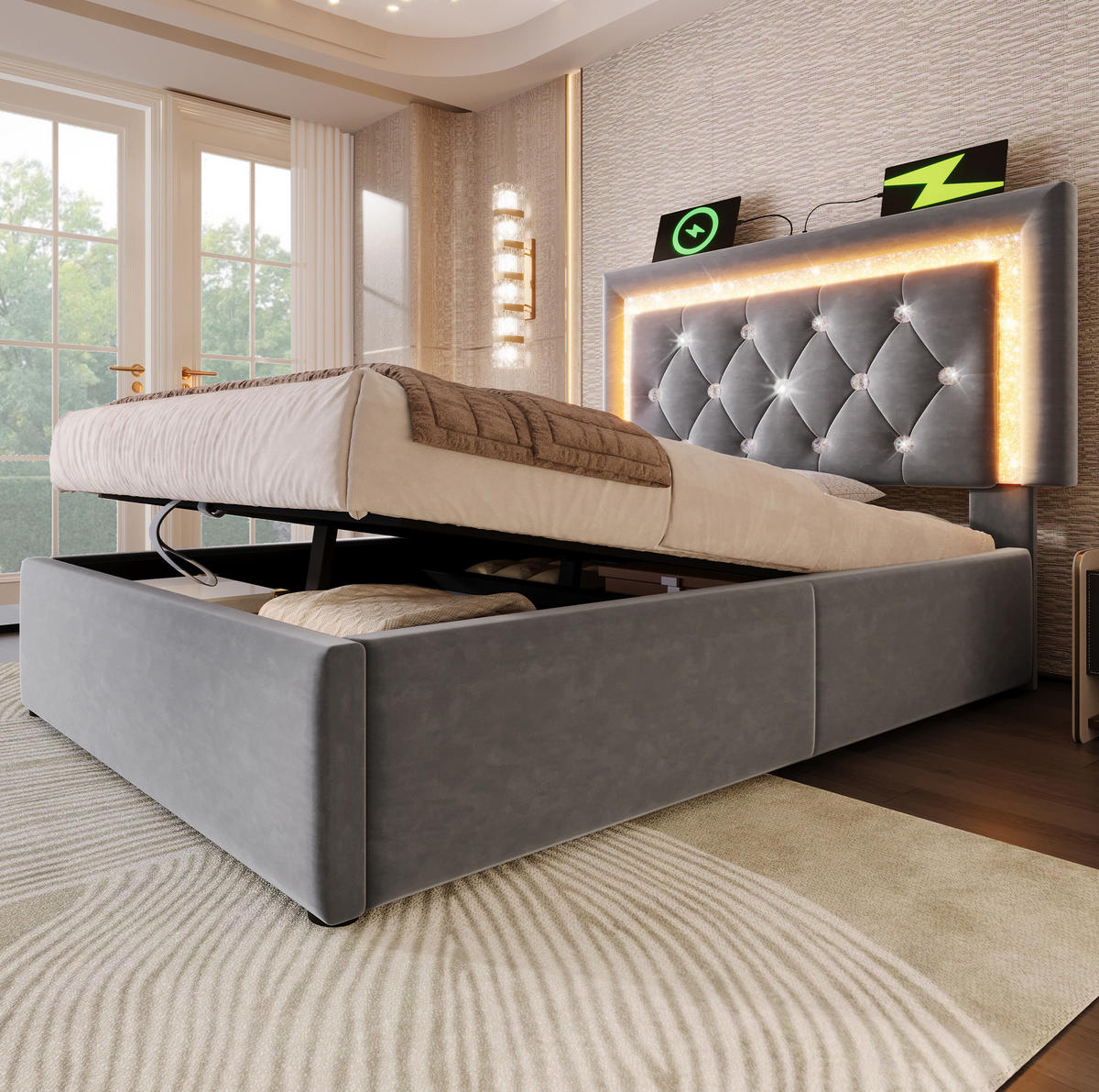 POLSTERBETT aus Samt 90x200 cm in Grau mit LED & Matratze - Grau, Textil (90/200cm) - Modfu