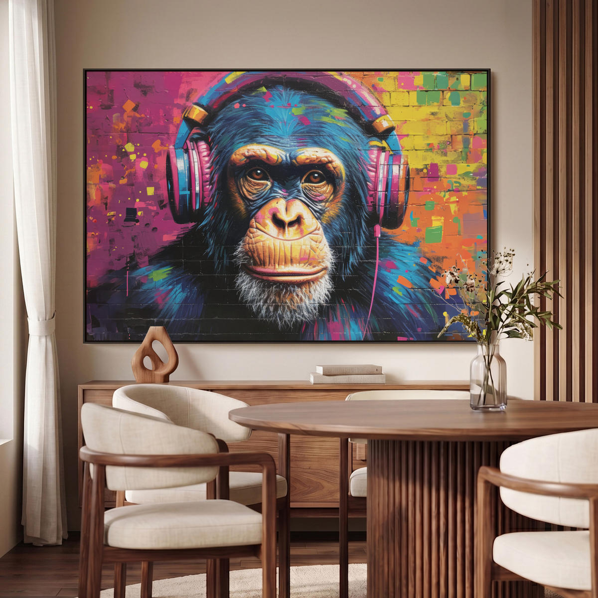 LEINWAND Bilder mit Rahmen - Graffiti - Schimpanse - Straßenkunst - Kopfhörer - Affe - 120x80 - Blau, Textil (120/80cm) - MuchoWow