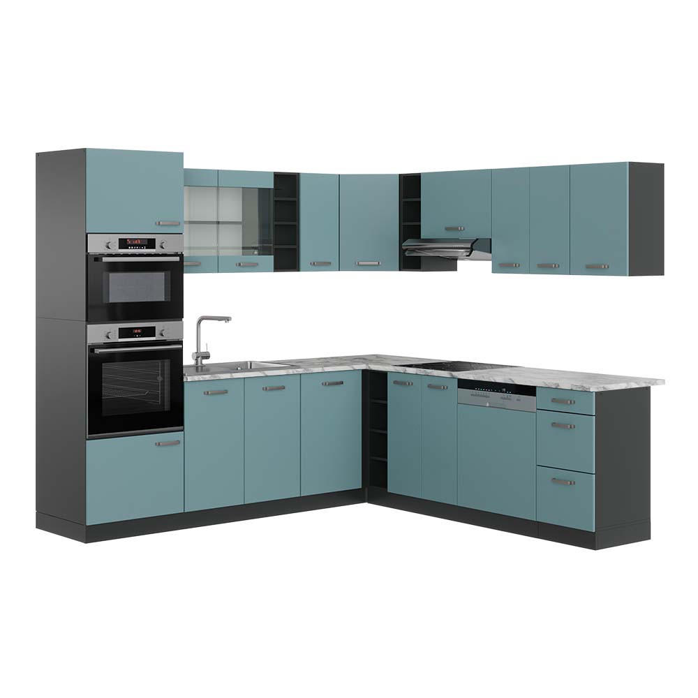 ECKKÜCHE R-Line Blau-Grau/Anthrazit 237 x 247 cm, AP Marmor - Anthrazit/Blaugrau, Holzwerkstoff (247/81.6/60cm) - Vicco