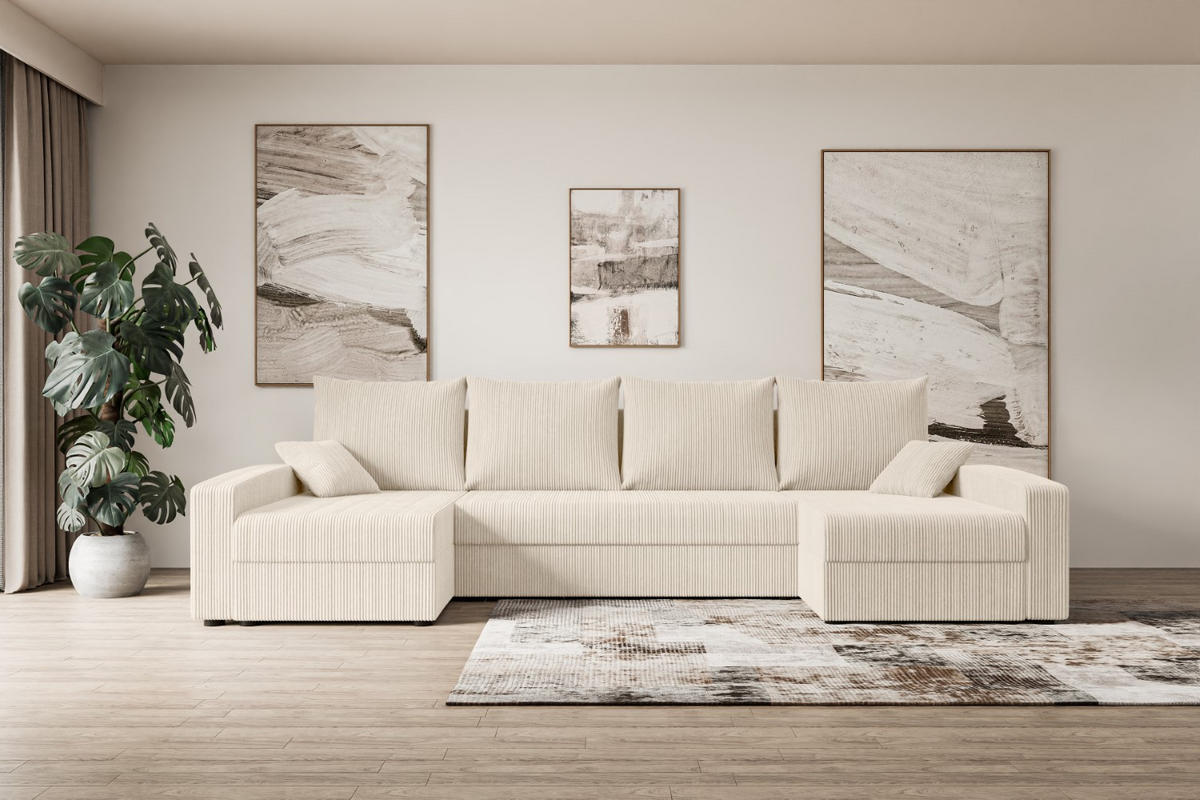 WOHNLANDSCHAFT mit Schlaffunktion und Bettkasten ALESIA-U 301x140x90 cm Beige Cord - Beige/Silberfarben, Holzwerkstoff/Kunststoff (301/90/140cm) - ALTDECOR