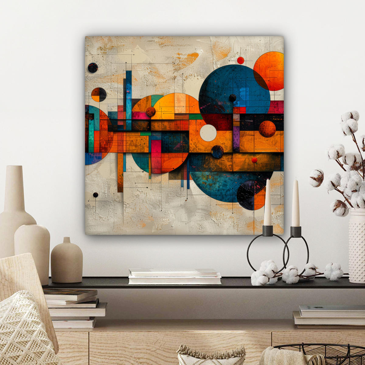 LEINWANDBILD - Vintage - Moderne Kunst - Orange - Geometrische Formen - 50x50 - Room Decor - Multicolor, Textil (50/50cm) - MuchoWow