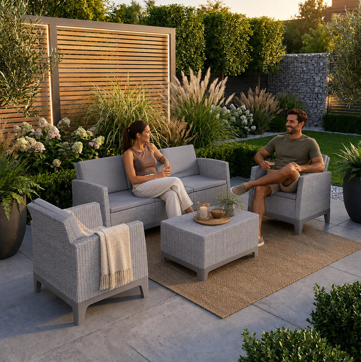 GARTENSET Norrin aus Polypropylen, 3-Sitzer-Sofa, 2 Sessel und Tisch, für 5 Personen, Grau - Grau, Kunststoff - Beautysofa