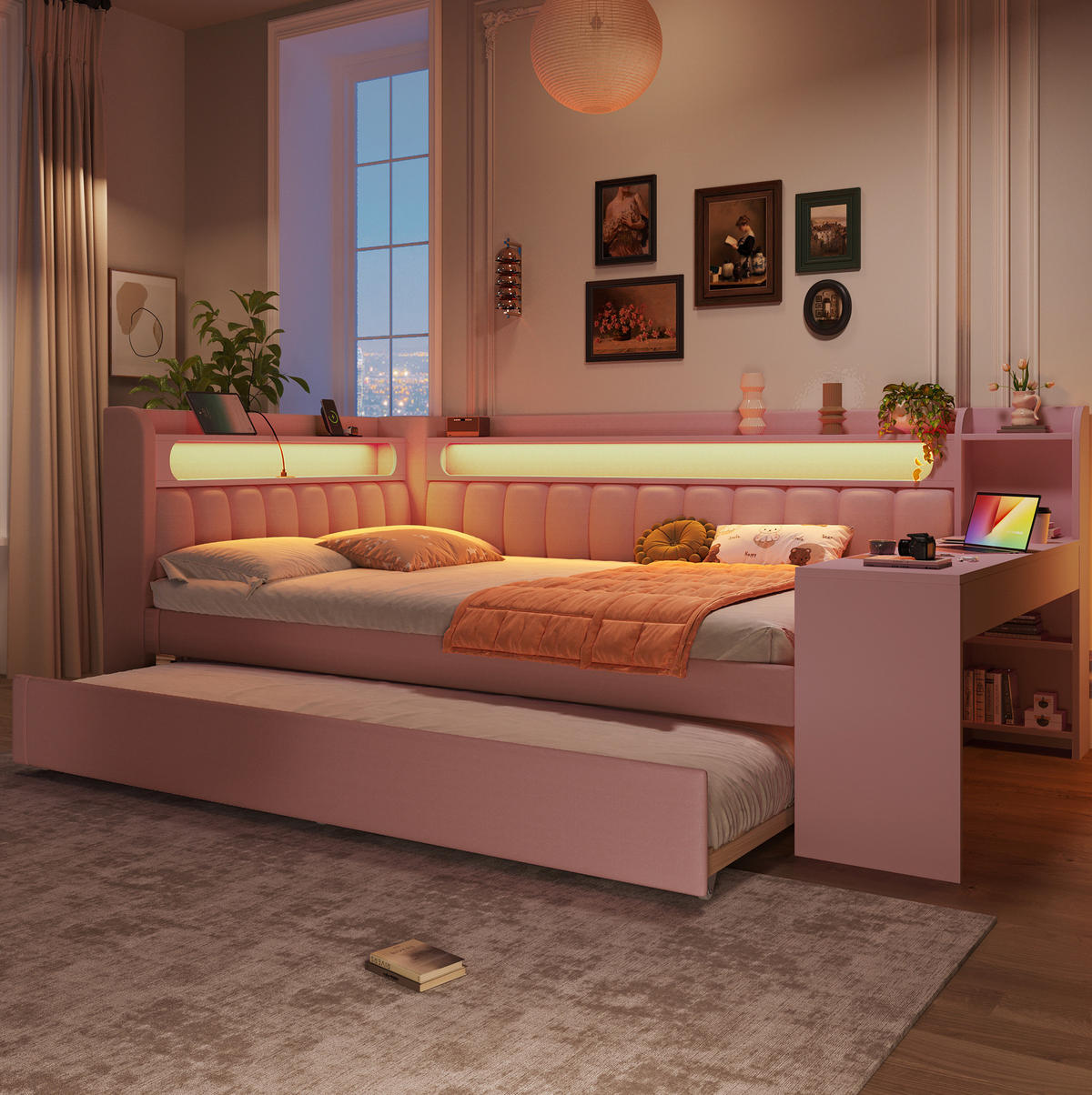 POLSTERBETT 140/200 cm rosa aus MDF mit LED und USB mit Ausziehbett und Schreibtisch - Rosa, Holzwerkstoff (140/200cm) - OKWISH
