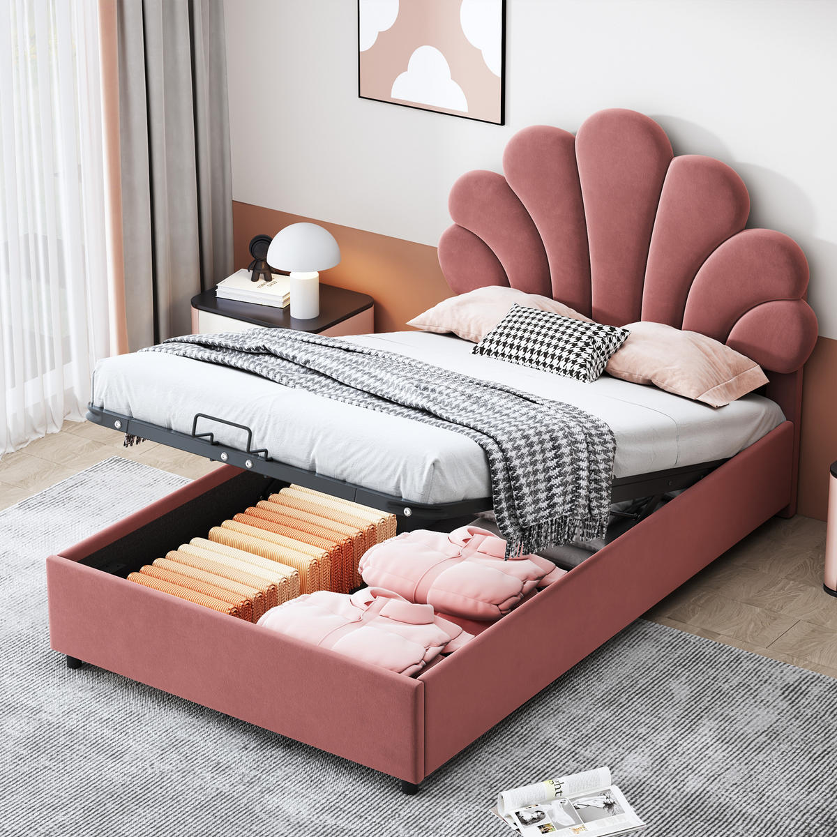 KINDEREINZELBETTEN aus Samt 90x200 cm in Rosa mit hydraulischem Stauraum - Rosa, Textil (90/200cm) - Modfu