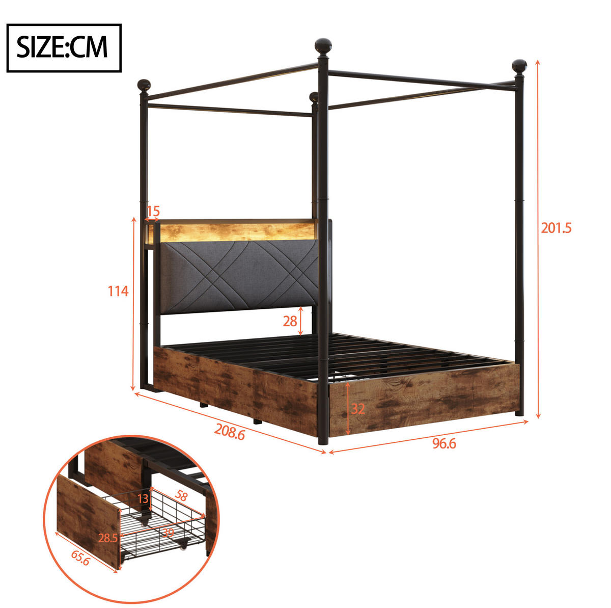 BETT Multifunktionales 90/190 cm mit Stauraum und schwenkbarem Baldachin - Schwarz, Metall (90/190cm) - OKWISH
