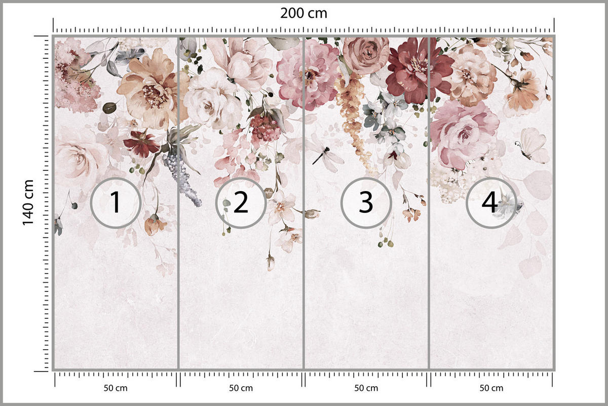 FOTOTAPETE für Schlafzimmer Aquarell Bunte Blumen Ranken Blätter 200x140 - Rot/Rosa, Papier (200/140cm) - Muralo