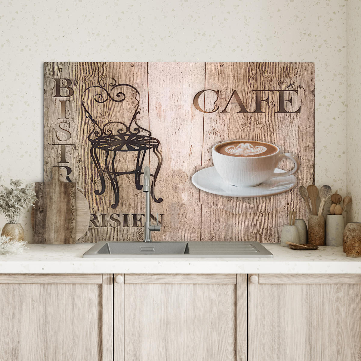 SPRITZSCHUTZ KÜCHE Bistro Parisien - Café - Kaffee - Jahrgang 80x55 cm - Cappuccino, Metall (80/0.3/55cm) - MuchoWow
