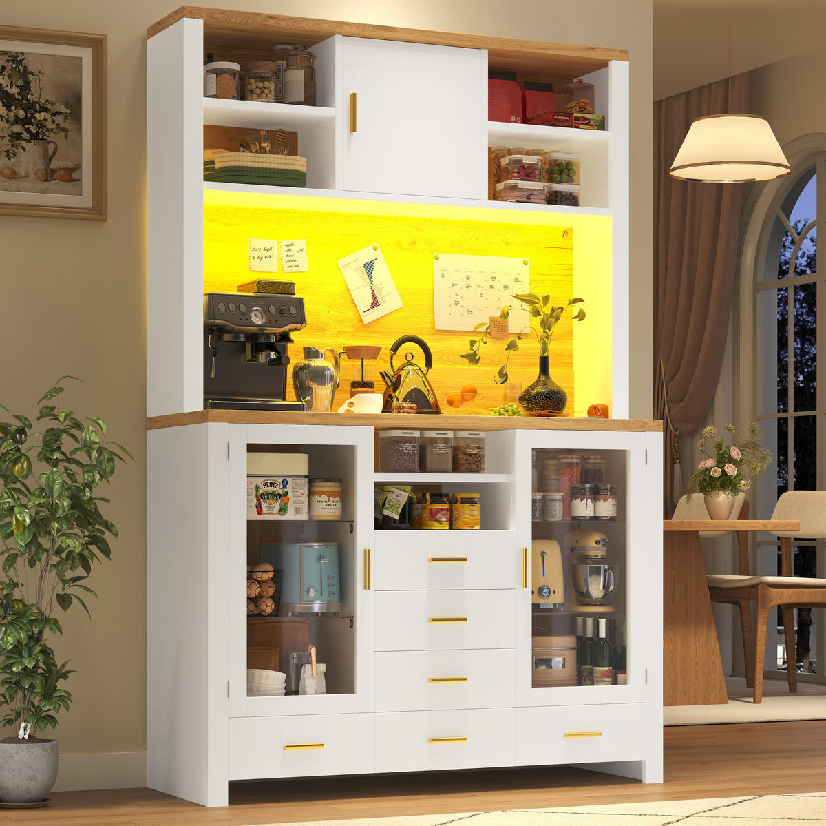 BUFFET 120/180/40 cm Weiß mit Holzdekor aus MDF und Glas mit LED-Lichtleiste - Weiß, Holzwerkstoff (40/188/120cm) - OKMYHOME
