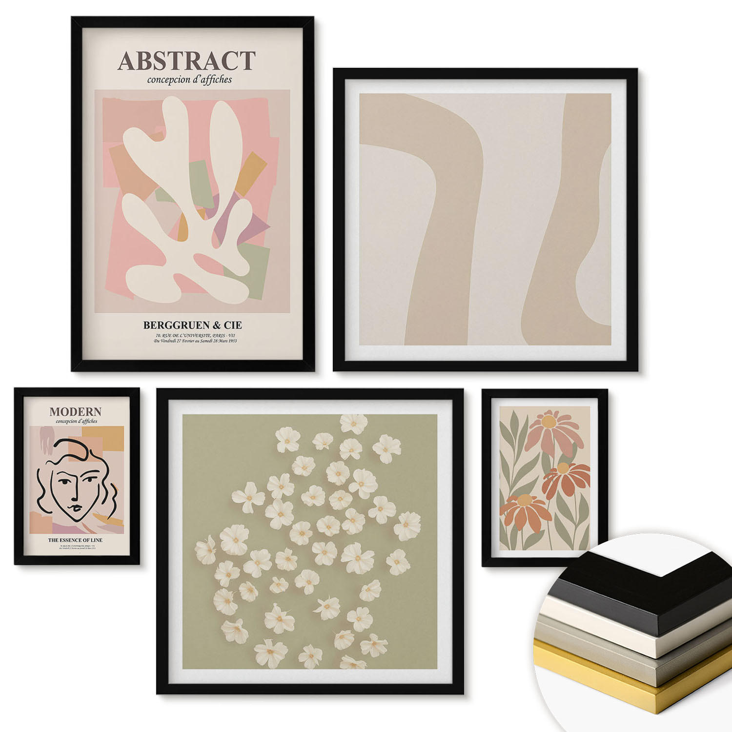 WANDBILDER 5er-Set - 50x50 cm & 20x30 cm & 40x60 cm Schwarzer Rahmen - Moderne abstrakte Frau - Schwarz, Kunststoff (40/60cm) - ArtPrintCave
