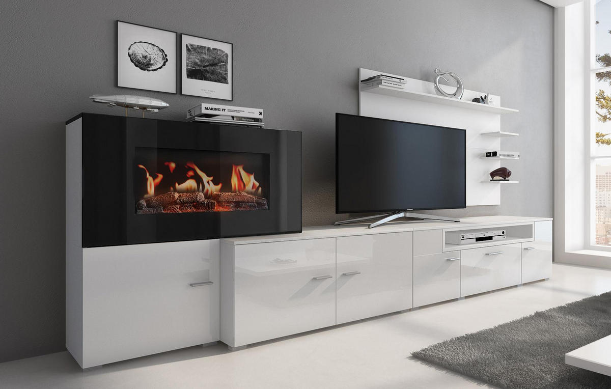 WOHNWAND Elektrokamin weiß, Hochweiß lackiert, 290/45/170cm - Weiß, Holzwerkstoff (290/170/45cm) - Skraut Home