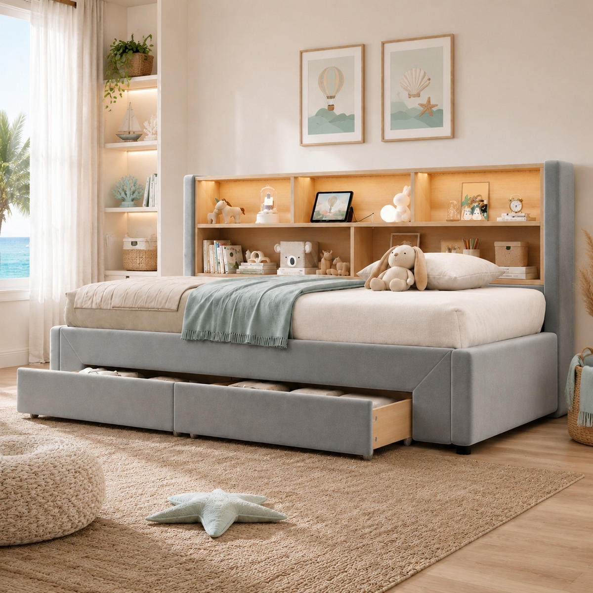 POLSTERBETT 90/200 mit Ausziehbett, LED und USB-Anschluss in Grau - Grau, Holzwerkstoff/Textil (90/200cm) - EVRYAE