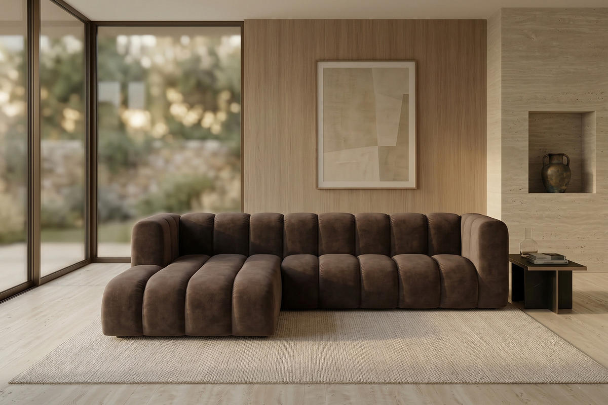 ECKSOFA Modulares In L-Form, Velvet-Stoff Riviera, Braun, Links, GRAND 287 cm - Braun, Holz (287/179cm) - Kaiser Möbel
