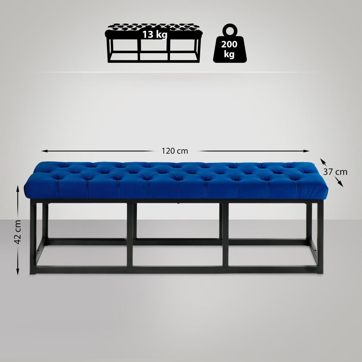 SITZBANK 120/37 cm Samt blau - Blau/Schwarz, Textil/Metall (120/42/37cm) - CLP