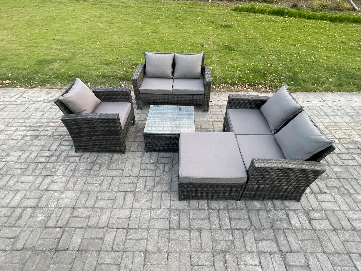 GARTENMÖBEL-SET COUCHTISCH SET MIT STUHL HOCKER Polyrattan Dunkelgrau Gemischt 6-Sitzer - Dunkelgrau, Metall - Fimous
