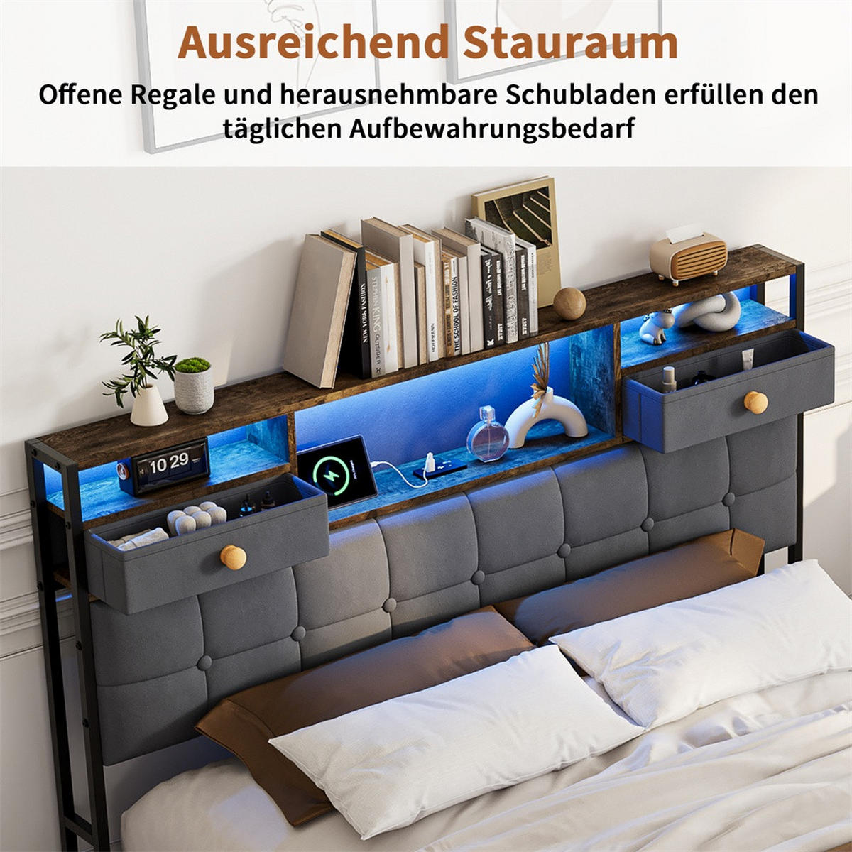 POLSTERBETT 140x200 cm - mit LED-Beleuchtung, 2 Nachttisch-Schubladen und hydraulischem Bettkasten - Grau - Grau, Textil (140/200cm) - DELFA