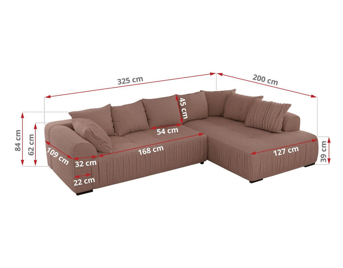 ECKSOFA ORTA Rosa Boucle - Rechts - Schwarz/Rosa, Textil (200/325cm) - MKS