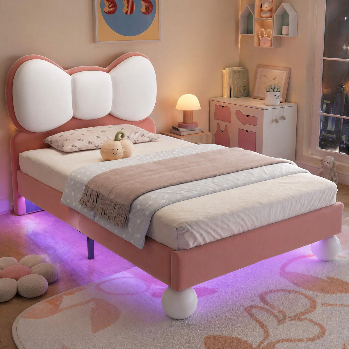 KINDERBETT 90 × 200 mit LED-Lichtleiste und Fliege-Kopfteil in Beige & Rosa - Beige/Rosa, Holzwerkstoff/Textil (90/200cm) - EVRYAE