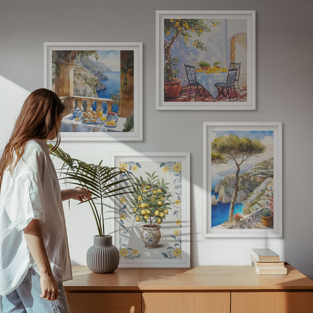 WANDBILDER 4er-Set - 50x50 cm & 40x60 cm Weißer Rahmen - Gemälde von Zitronenbäumen - Weiß, Kunststoff (50/50cm) - ArtPrintCave