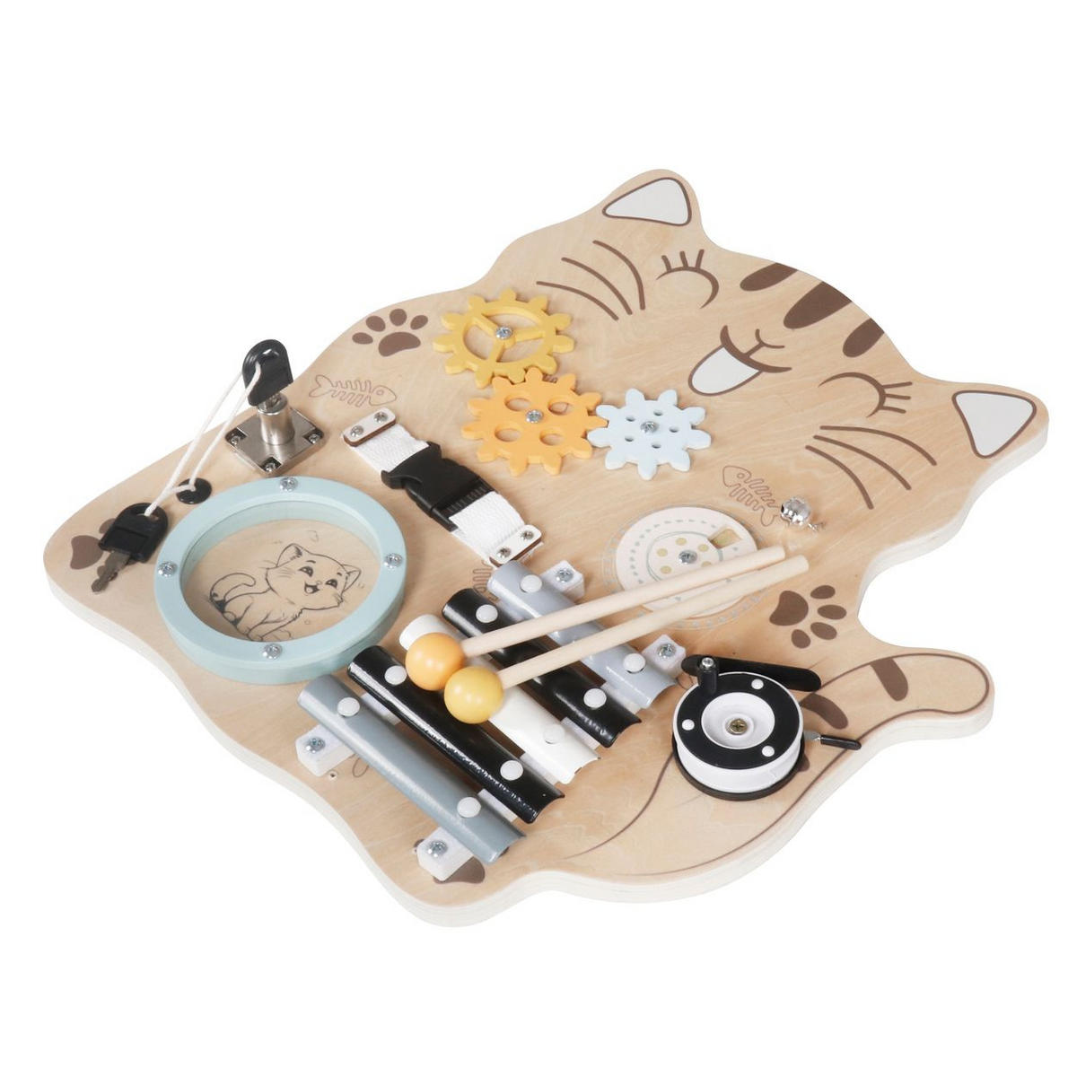 MOTORIKSPIELZEUG Lernboard Katze W12D664 braun Holz, Xylofon, Zahnräder, Schlösser, Verschlüsse, Motorikspiel - Braun, Holz (30/1/42cm) - Moni