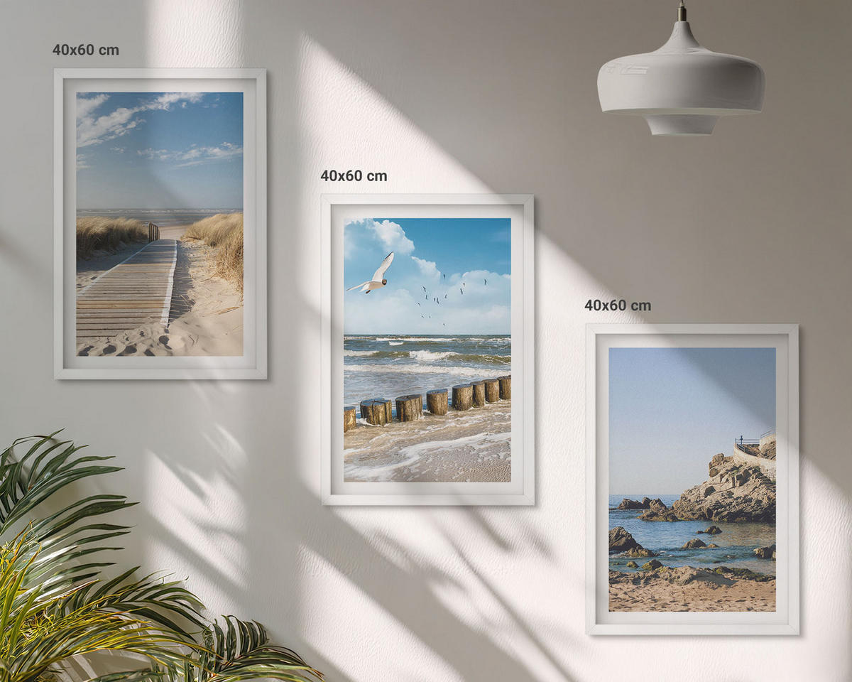 WANDBILDER 3er-Set - 40x60 cm Weißer Rahmen - Strand Holzsteg Klippen - Weiß, Kunststoff (40/60cm) - ArtPrintCave