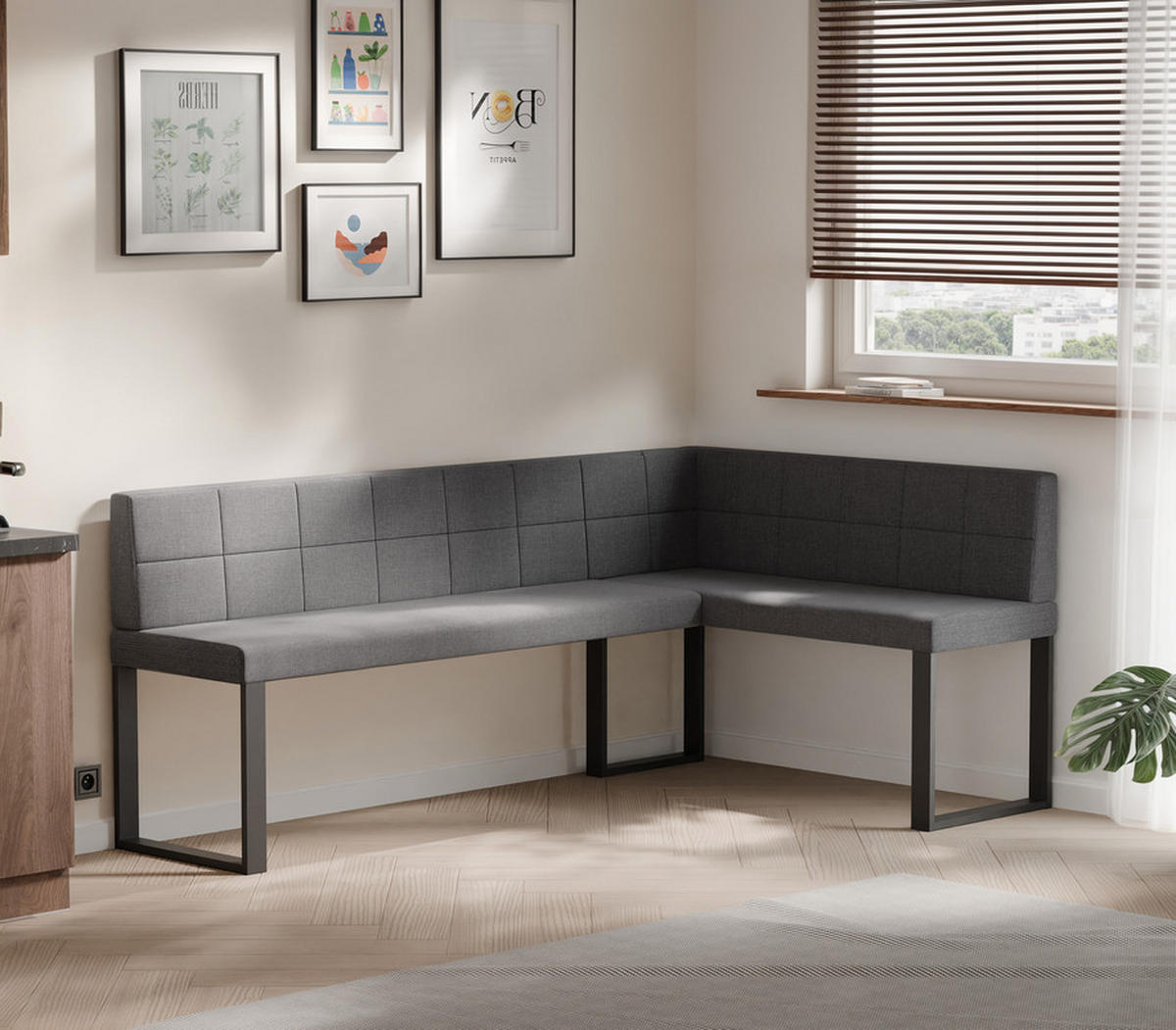ECKBANK rechts SANA U Webstoff gesteppt, 168/128 cm Dunkelgrau - Dunkelgrau, Textil/Metall (128/168cm) - Idohome