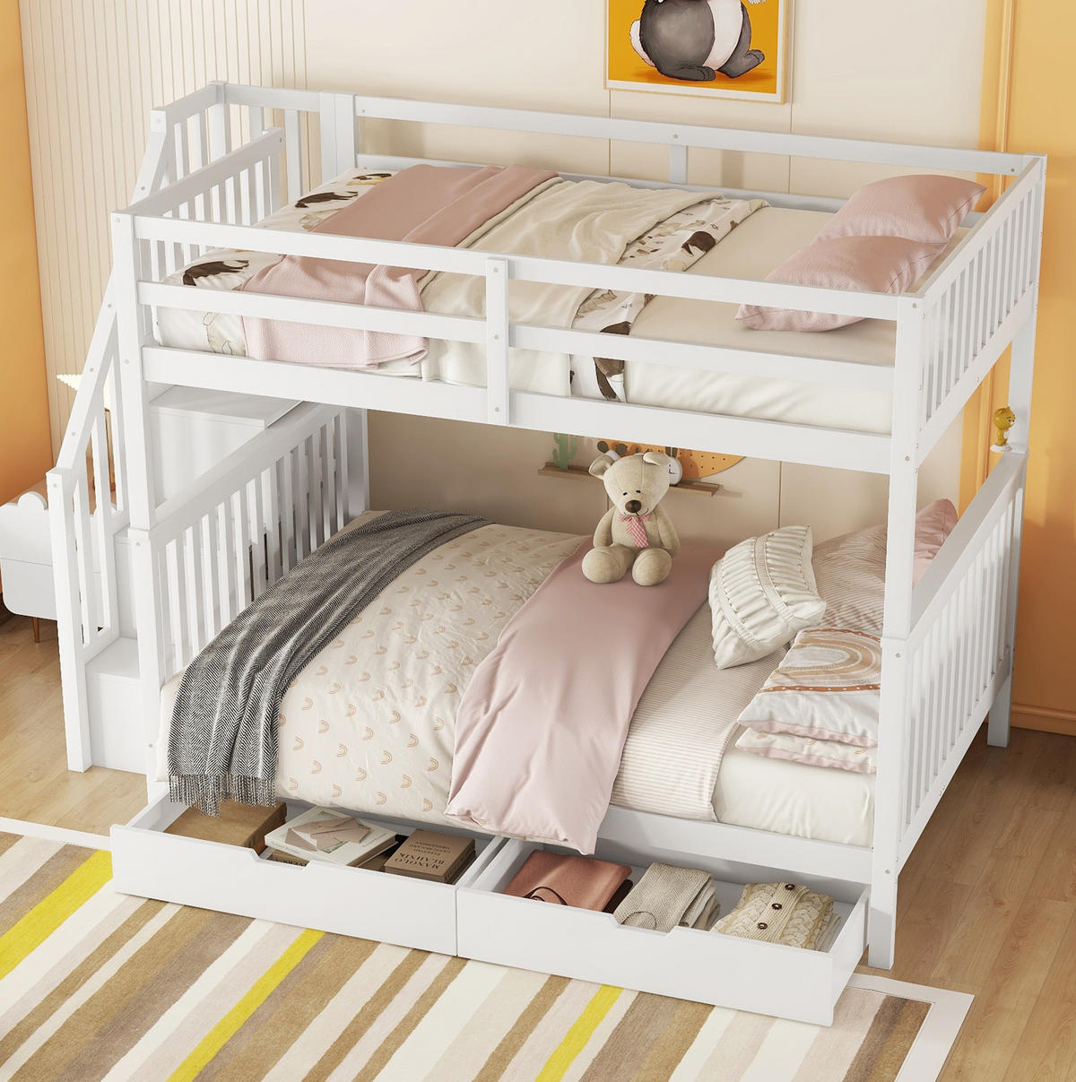 ETAGENBETT 140/200 cm Weiß mit Treppenregal und 2 Schubladen - Weiß, Holz (140/200cm) - MIVRAY