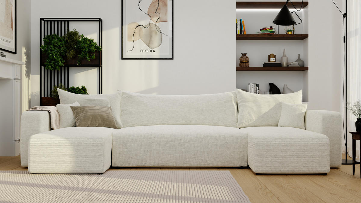 WOHNLANDSHAFT U-Form mit Schlaffunktion und Bettkasten, Beige - Beige/Creme, Holzwerkstoff/Textil (318/79/145cm) - Idohome