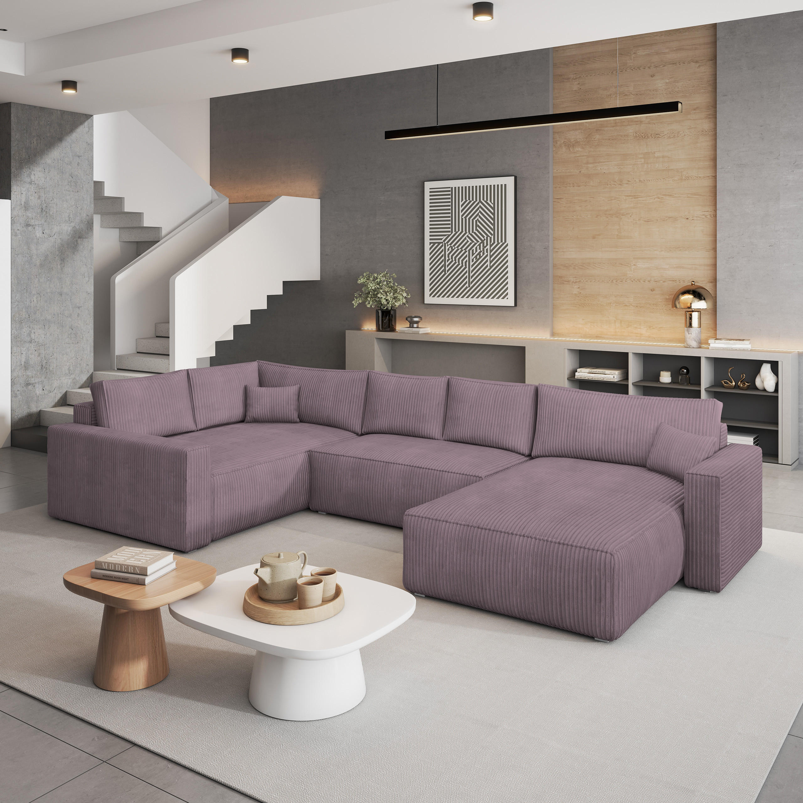 WOHNLANDSCHAFT VELAMI L-S Lila Kordstoff mit Schlaffunktion - Lila, Holz (365/83/194cm) - MASSENO