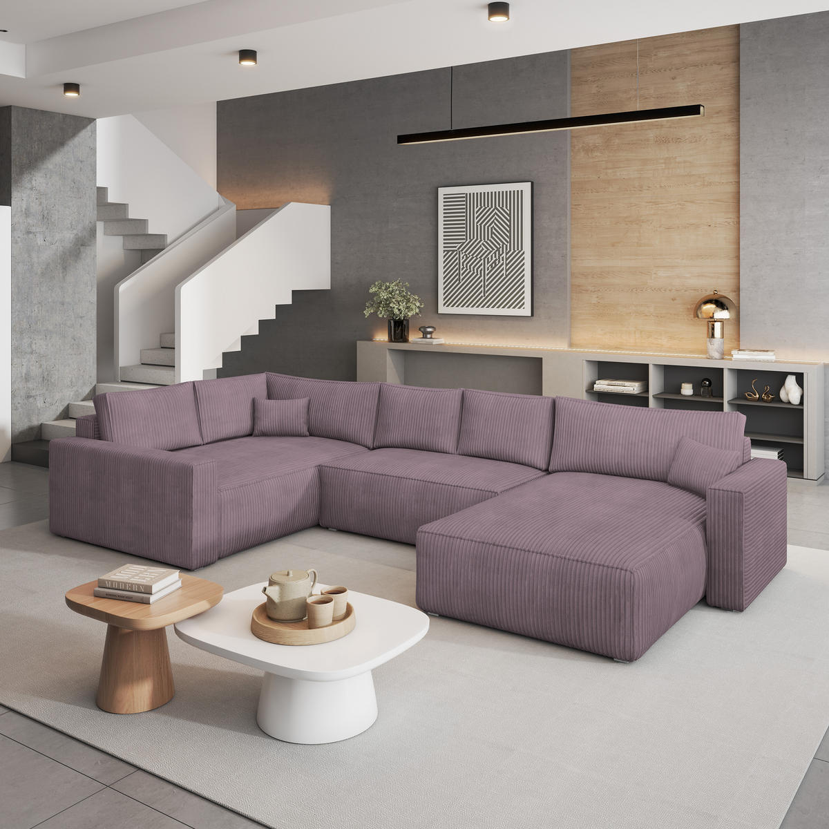 WOHNLANDSCHAFT VELAMI L-S Lila Kordstoff mit Schlaffunktion - Lila, Holz (365/83/194cm) - MASSENO