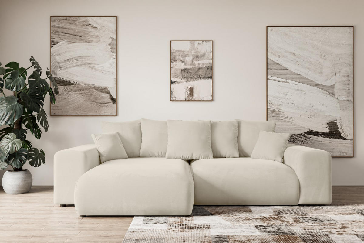 ECKSOFA mit Schlaffunktion und Bettkasten ESKAR-L 256x165x84cm Beige Velours - Beige/Schwarz, Holzwerkstoff/Kunststoff (165/256cm) - ALTDECOR
