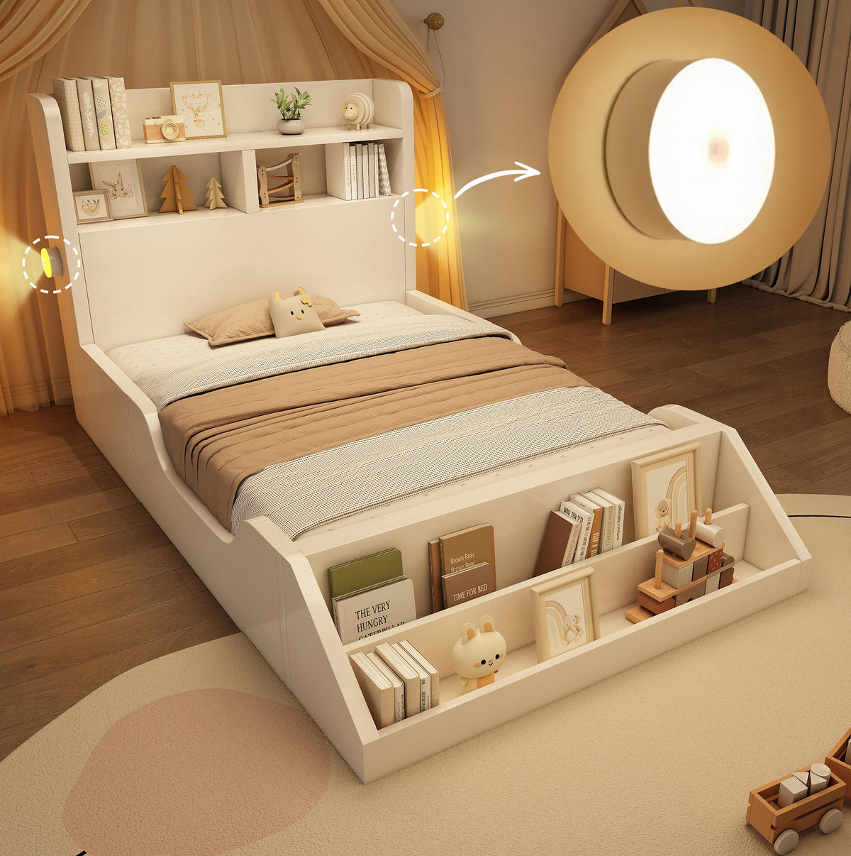 HOLZBETT 90/200 cm Weiß aus Holz mit Bücherregal und Nachtlichtern - Weiß, Holz (90/200cm) - OKMYHOME