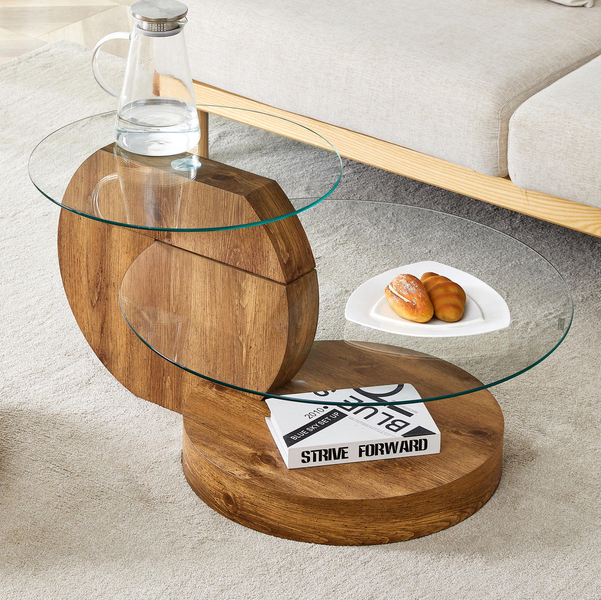 COUCHTISCH 69,8 cm aus Glas und MDF mit Ablagen in Holzoptik - Klar, Holzwerkstoff (69.8/69.8/49.8cm) - Flora Grace