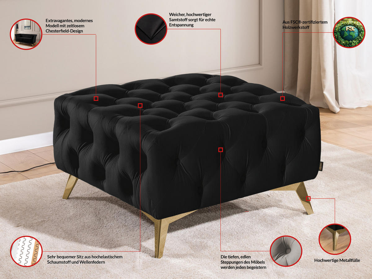 HOCKER Chesterfield Whitby Schwarz Samt mit goldenen Füßen - Goldfarben/Schwarz, Holz/Textil (80/45/80cm) - S-Style Möbel