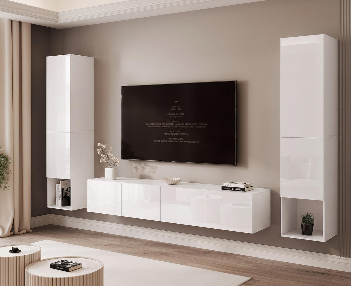 WOHNWAND ANGEL LINE II 3-teilig, mit LED-Beleuchtung, Weiß Hochglanz - Weiß Hochglanz, Holzwerkstoff (280/180/40cm) - Idohome