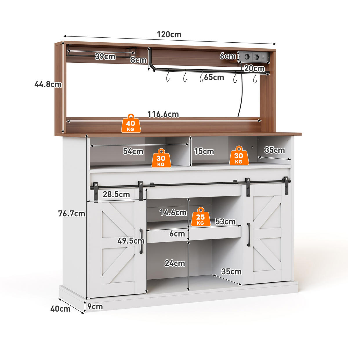 HIGHBOARD 120/40/130 cm mit Steckdosen, Schiebetüren und Gläserhalter im Landhausstil, Weiß/Natur - Weiß, Holzwerkstoff (120/130/40cm) - Redom