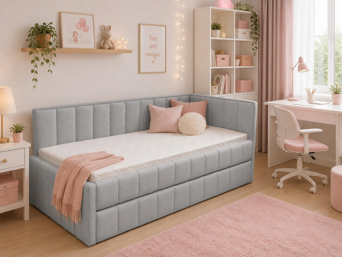 POLSTER-KINDERBETT LUKA 90x200 cm, rechts, mit Ausziehbett – Grau - Grau, Textil - KS Home Concept