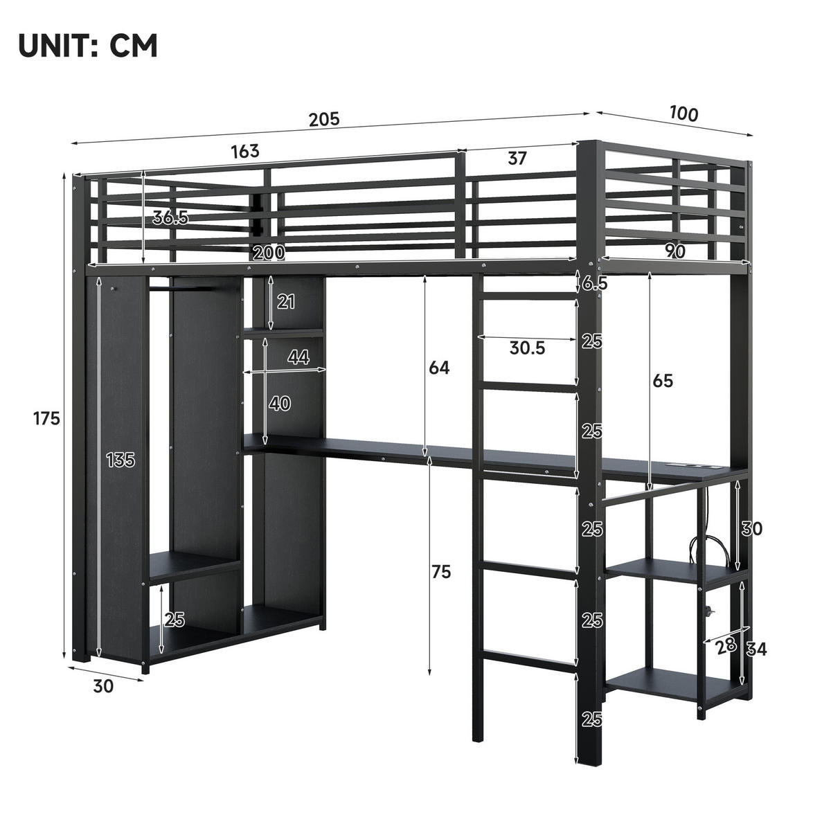 HOCHBETT MDF+Metall 90x200 cm Schwarz mit Schreibtisch, LED-Lichtleiste und offenem Stauraum - Schwarz, Holzwerkstoff (90/200cm) - Modfu