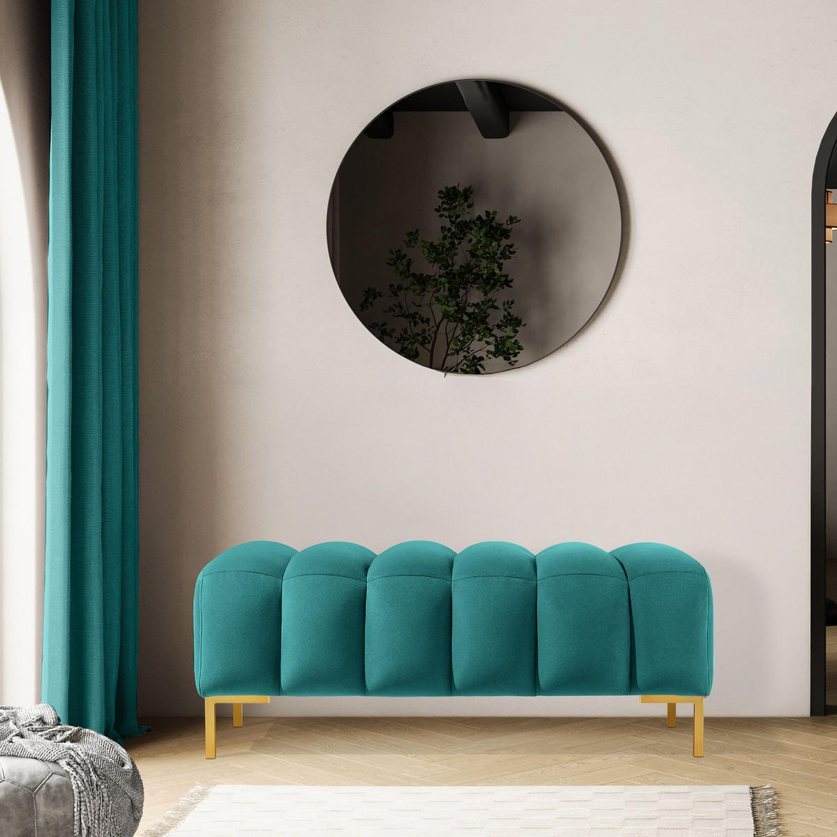 SITZHOCKER Polsterhocker PECCO, Veloursstoff - Blau/Goldfarben, Holz/Textil (120/50/50cm) - KONSIMO®