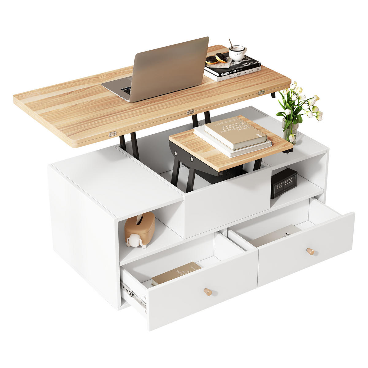 COUCHTISCH 100/50/47,5 cm mit klappbarer Oberfläche und 4 Schubladen, höhenverstellbar aus MDF in Holzfarbe - Naturfarben, Holzwerkstoff (100/50/47.5cm) - OKWISH