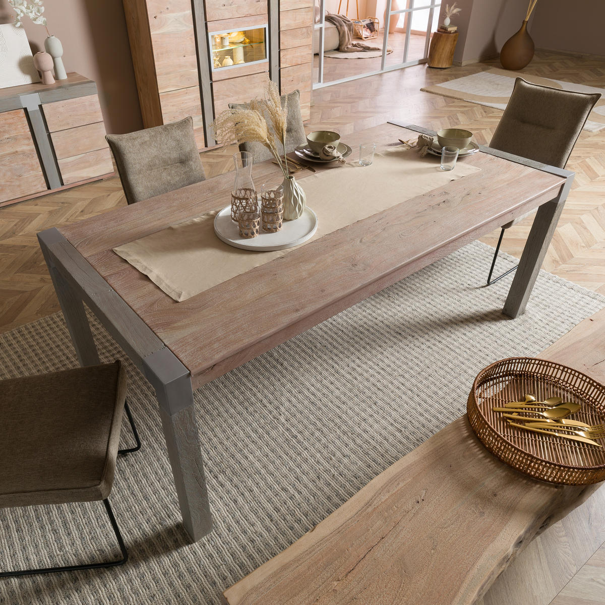 ESSTISCH Akazie 160x90x76 beige lackiert Amsterdam #113 - Beige, Holz (160/90/76cm) - Massivmoebel24