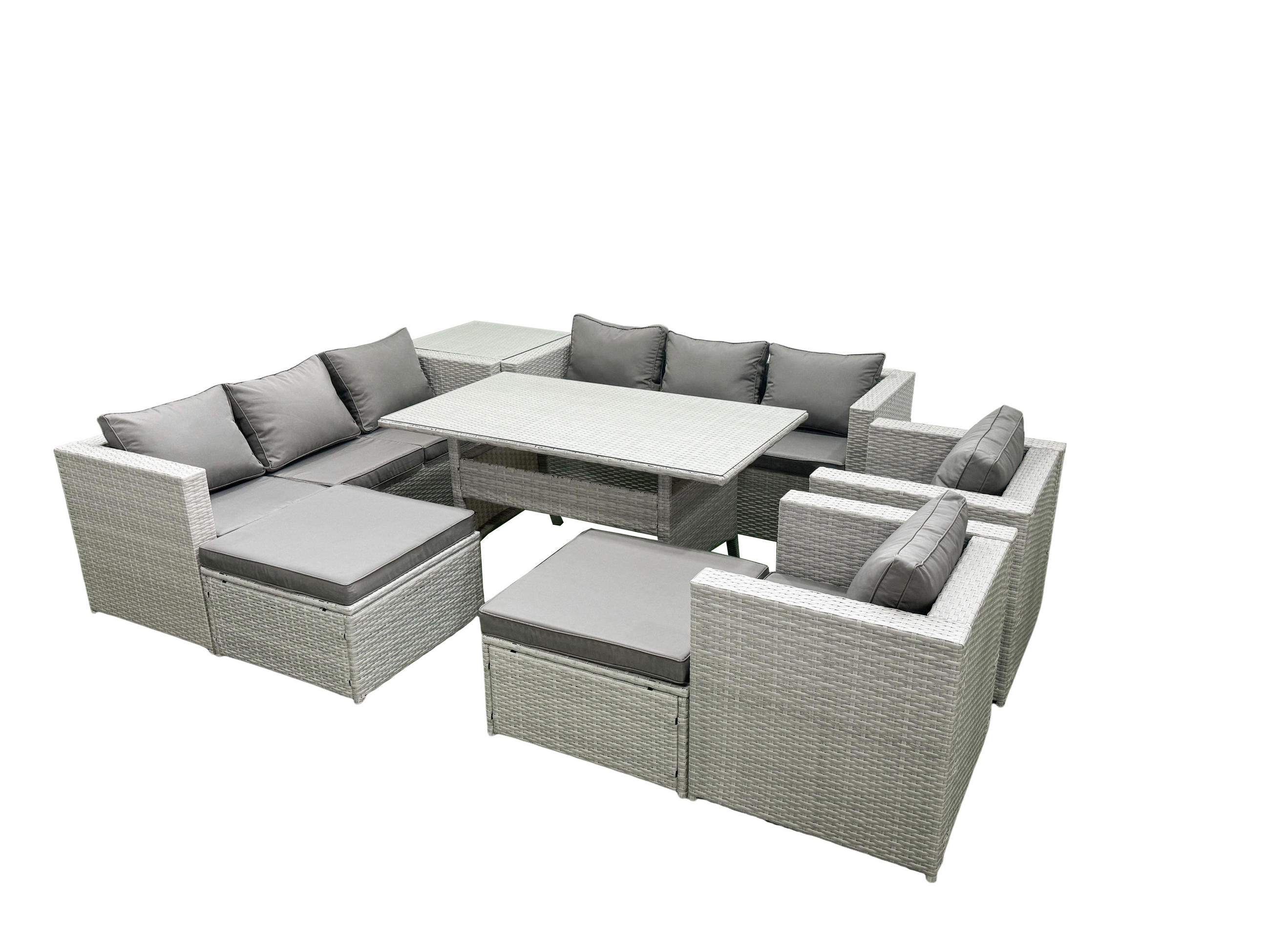 GARTENMÖBEL SET mit 3-Sitzer-Sofa und 2 Stühle, Esstisch,2 Großer Hockern,Beistelltisch Polyrattan Hellgrau 10-Sitzer - Hellgrau/Grau, Glas/Kunststoff - Fimous