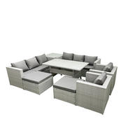 GARTENMÖBEL SET mit 3-Sitzer-Sofa und 2 Stühle, Esstisch,2 Großer Hockern,Beistelltisch Polyrattan Hellgrau 10-Sitzer - Hellgrau/Grau, Glas/Kunststoff - Fimous