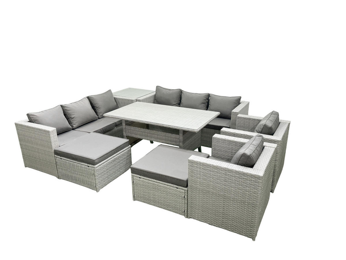 GARTENMÖBEL SET mit 3-Sitzer-Sofa und 2 Stühle, Esstisch,2 Großer Hockern,Beistelltisch Polyrattan Hellgrau 10-Sitzer - Hellgrau/Grau, Glas/Kunststoff - Fimous