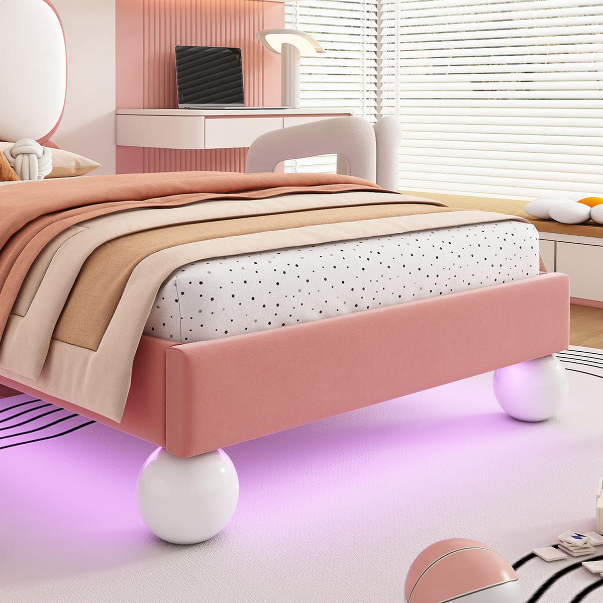 KINDERBETT 90/200 cm mit LED-Lichtleiste, fliegenförmigem Kopfteil und Lattenrost aus Samt, Beige/Rosa - Rosa, Textil (90/200cm) - Redom