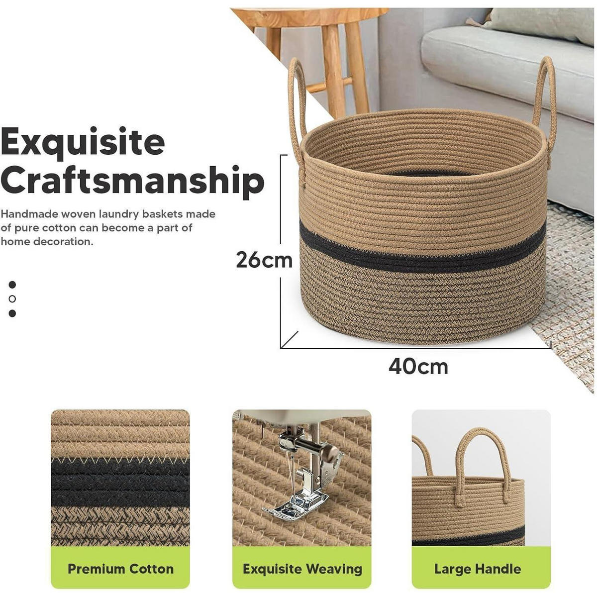 WÄSCHEKORB Baumwolle Seil geflochten 32L Ø40 x H25 cm 2 Griffe 3-farbig Braun - Multicolor, Naturmaterialien (40/25/40cm)