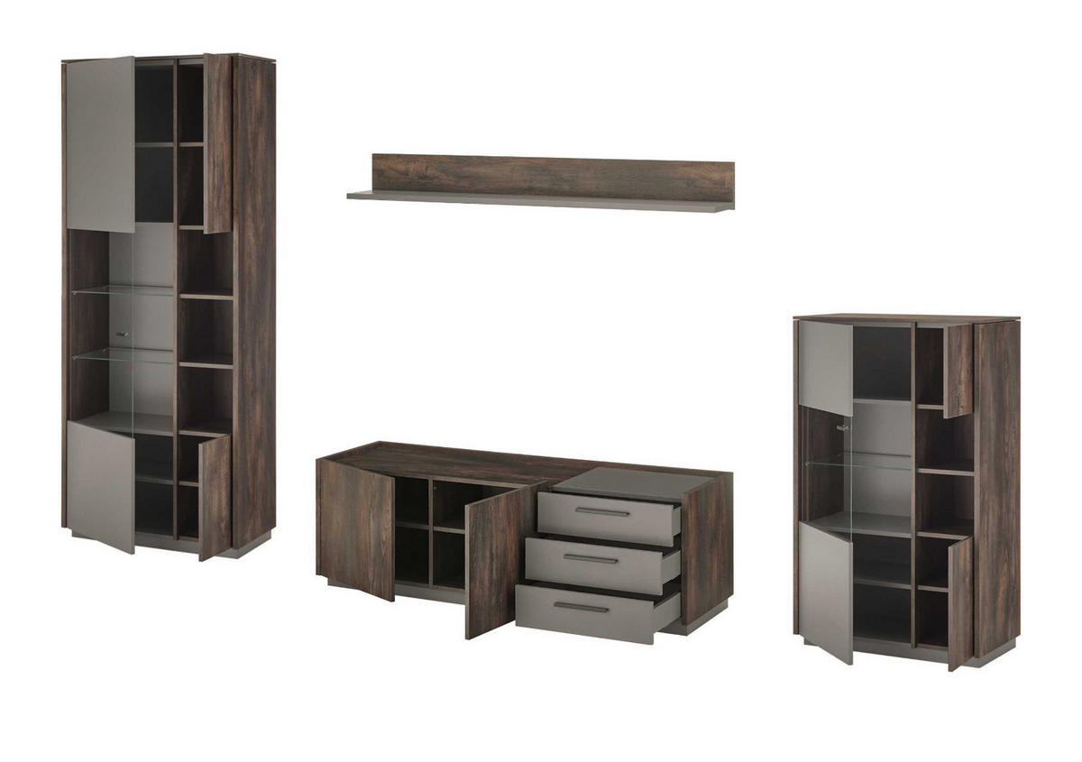 WOHNWAND Thermo Eiche, grau, Wohnkombination 2-teilig mit Soft-Close 270 x 180 cm - Eichefarben/Grau, Holzwerkstoff/Metall (270/180/45cm) - Furn.Design